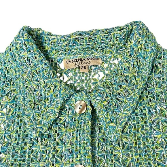 CYNTHIA MAX RELAX 3/4 Sleeve Button Front Blue Yellow Green Knit Cardigan Sz 2X - Picture 5 of 16